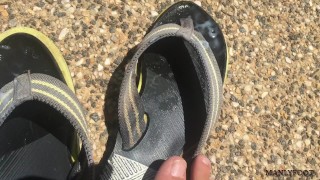 Neighbour fucking ejaculated into my flip flops! - Cum foot fetish