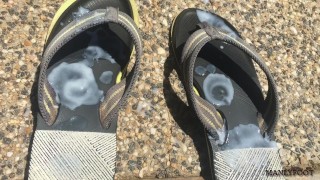 Neighbour fucking ejaculated into my flip flops! - Cum foot fetish