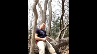 Exhibitionist masturbating in the woods, jerking-off outside