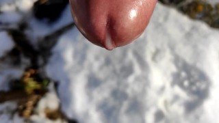 Close up cum to the snow and showing cum in the snow
