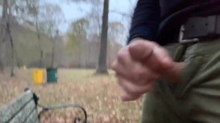 Public jerking-off at the park, startled when someone almost catches me while I cum.