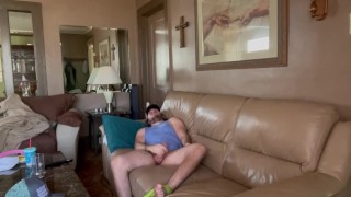 Jacking off In the living room almost got caught then Cumm everywere