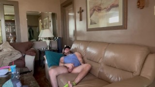 Jacking off In the living room almost got caught then Cumm everywere