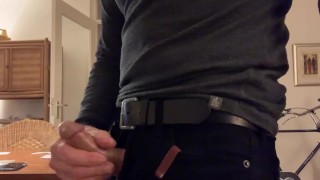 Super hard cock jerk-off, long edging session and cumming standing up in black jeans. Verbal masturb