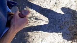 Public gay jerk off outside risky, get caught 