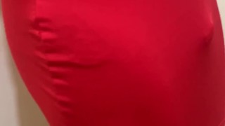 Sissy in cute red dress is cruel to her purple balls