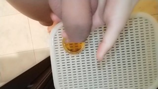 Morning pee to the glass from unwashed uncut cock