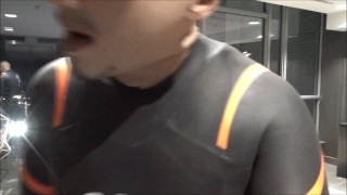 quick walk to hotel elevators in orca wetsuit, silicone mask and massive hardon
