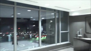 quick walk to hotel elevators in orca wetsuit, silicone mask and massive hardon