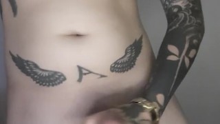 Tattooed guy with pierced dick