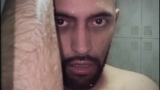FREE Hot young latino with a big uncut cock masturbating in the shower Handsfree slow motion cumshot