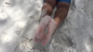 Public beach Footjob POV - Imagine your dick in between my male soles and feet - Manlyfoot roadtrip