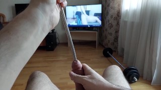 Cumshot through penis urethral plug with glans ring (slow motion cumshot)
