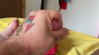 Tattooed man fucks himself with dildo in the bathroom 