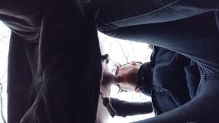 Sucking cock till cum drips out of mouth - view from below