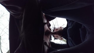 Sucking cock till cum drips out of mouth - view from below