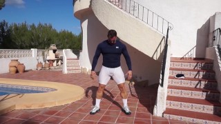 working out in very see through white spandex