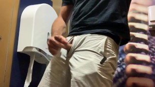 Horny so I jerk-off between trains in the toilet and cum. Bulge in my pants at end