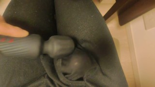 Stimulate with electric massager in the crotch of black tights. Unbearably big launch.