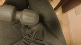 Stimulate with electric massager in the crotch of black tights. Unbearably big launch.