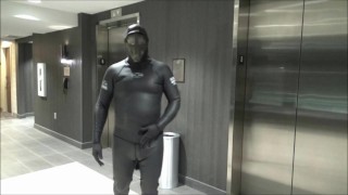 hotel movie part 6 - changed into new wetsuit & gasmask frogman cums at elevator windows