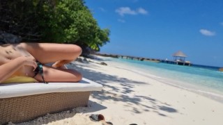 Without panties on public Beach hot touching pussy