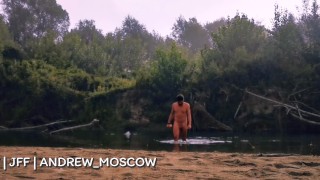 Risky adventure naked boy jerking on the misty river. 