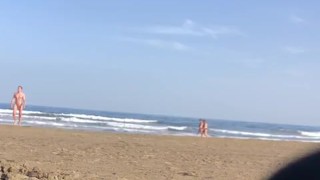 Nudist walk from the water swinging big cock