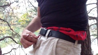 Pounding my pud in the forest and cumming up against a tree. Jerking off by the water.