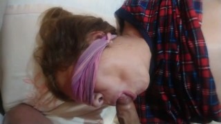 The maid's  puts his huge cock in my wife's mouth while she rests, sucks and cums