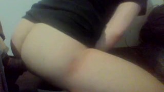 Playing quietly with eight inch dildo in the office