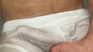 Playing with cock in bath, in white wet undies 