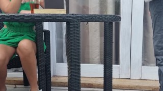 Remote Vibrators Inside Hot Girl in Public caffe Squirt control by waiter