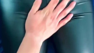 Rubbing cameltoe and spanking booty in leather leggings