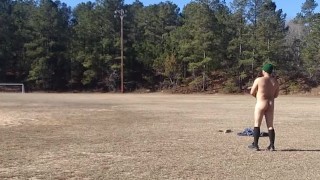 Throwing boomerangs naked at Public park 