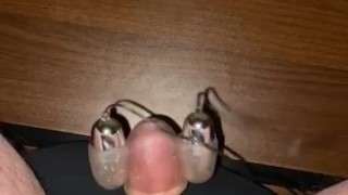 Hands free cumshot under desk with vibrator