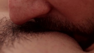Amazing closeup ASMR hairy pussy licking from my date - dripping wet pussy and loud orgasm