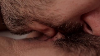Amazing closeup ASMR hairy pussy licking from my date - dripping wet pussy and loud orgasm