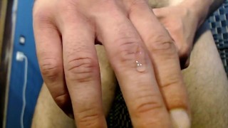 Lots of precum and it's running down my hand waiting for a thirsty tongue!