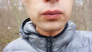 Making cum drink from two filled condoms after I was fucked public and my jerk off after cum eating