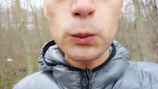 Making cum drink from two filled condoms after I was fucked public and my jerk off after cum eating