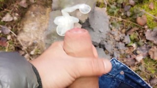 Making cum drink from two filled condoms after I was fucked public and my jerk off after cum eating