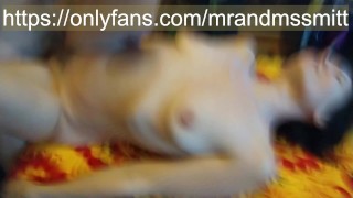 hot milf gets orgasm from sex on massage table. cum on hairy pussy close up