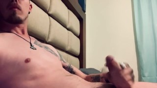 Tattooed Cowboy solo masturbate big cock until cum
