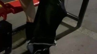 Public strip and dildo fuck at bus stop 