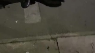 Public strip and dildo fuck at bus stop 