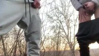 Outdoor twinks blowjob, fucks bareback and more cum in sportwear