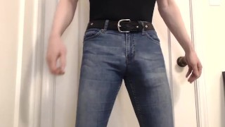 Cumming in ultra-tight jeans and equestrian boots
