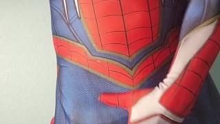 Horny spiderman stroking big dick