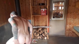 Fucking my ass with my favorite dildo in forest cabin